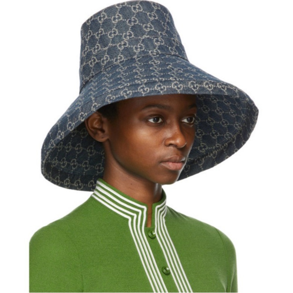 Gucci Denim GG Monogram Bucket Hat Wide Large Brim Navy Blue Sun Coverage - Picture 10 of 16